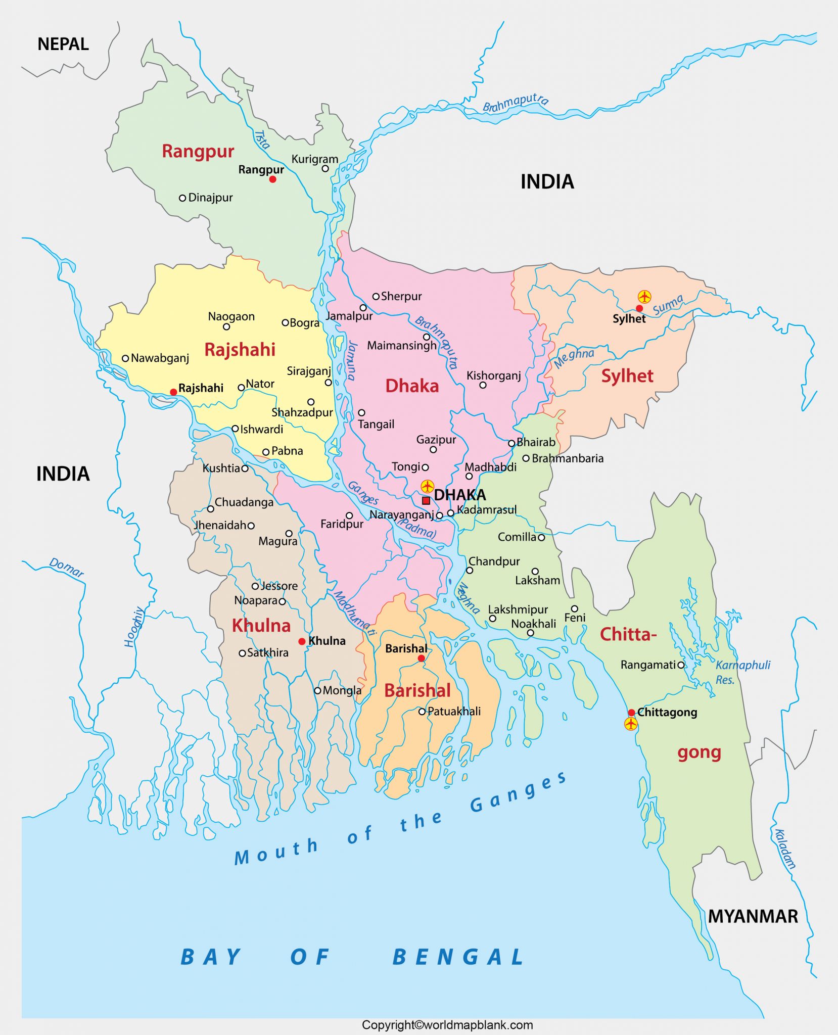 Labeled Map Of Bangladesh With States Capital Cities
