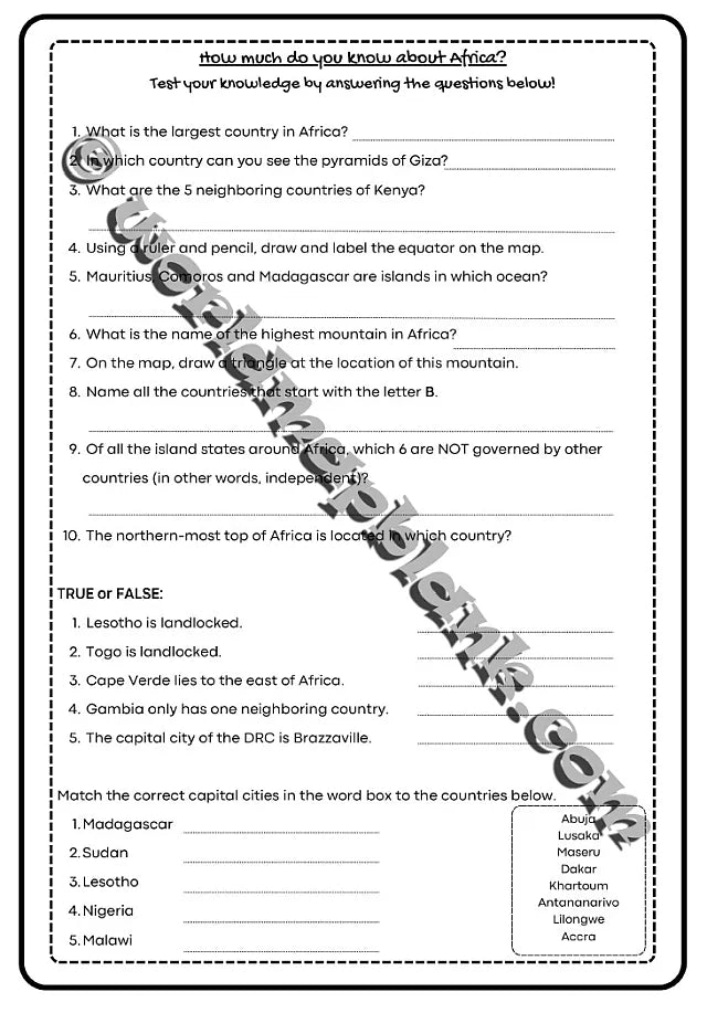 🌍 Africa Geography Worksheets: Countries & Capitals