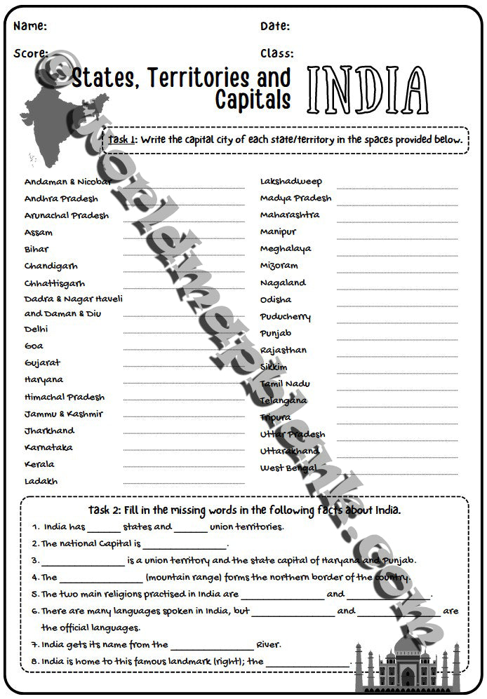 🇮🇳 India Map Worksheets: States, Union Territories & Capitals