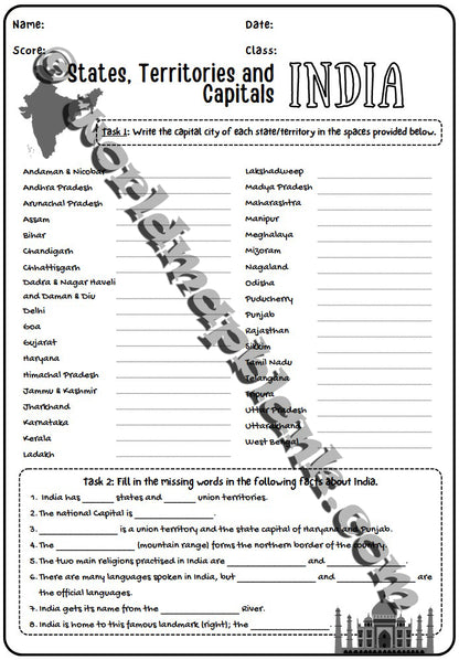 🇮🇳 India Map Worksheets: States, Union Territories & Capitals