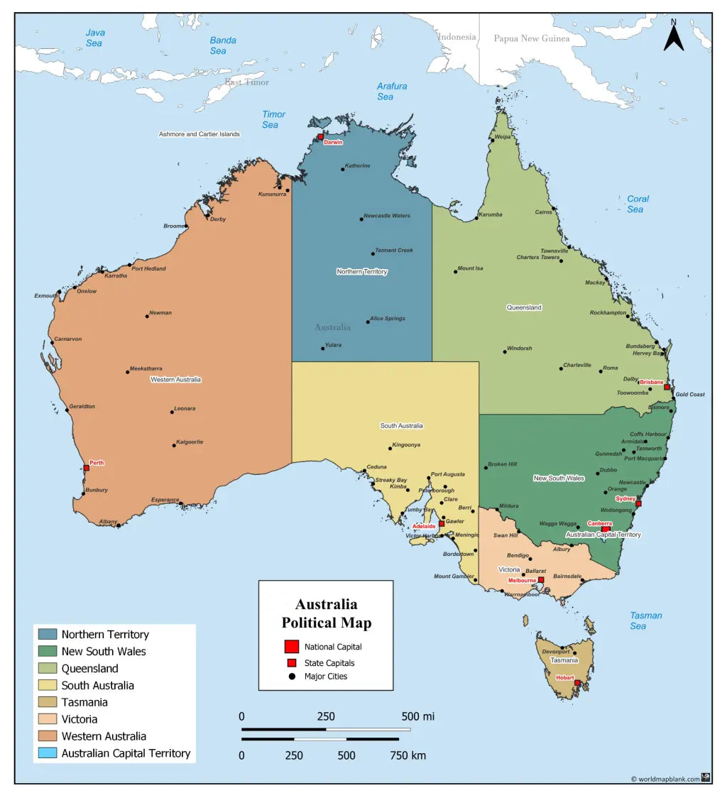 🇦🇺 Labeled Political Map of Australia