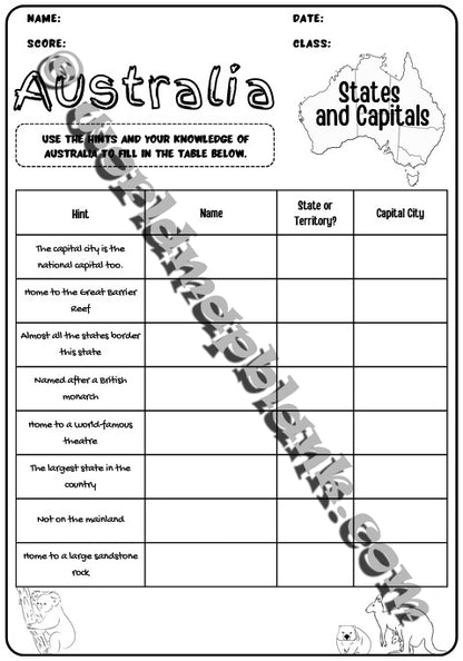🇦🇺 Australia Map Worksheets: Territories & Capitals