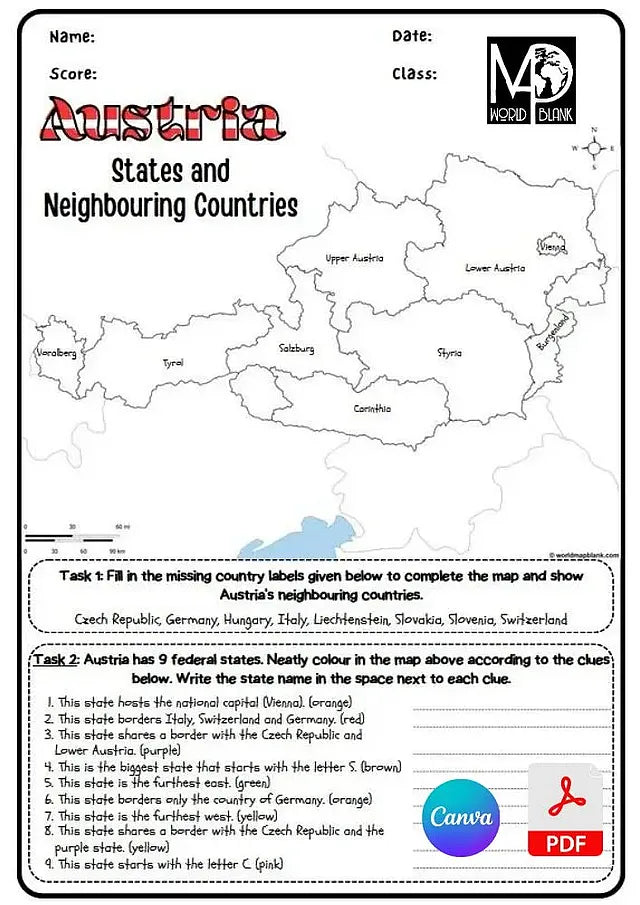 🇦🇹 Austria Map Worksheets: States & Capitals