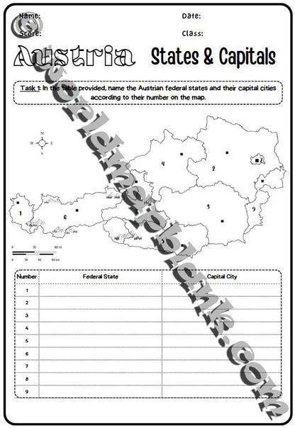 🇦🇹 Austria Map Worksheets: States & Capitals