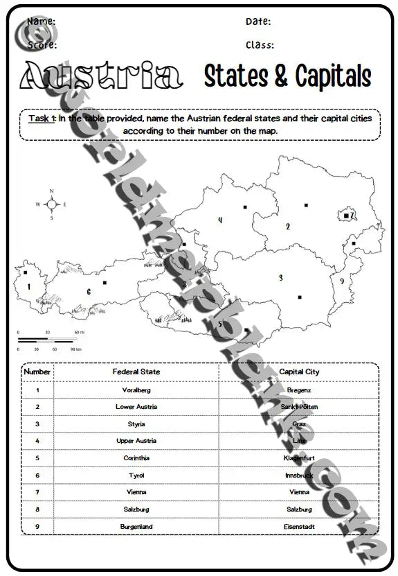 🇦🇹 Austria Map Worksheets: States & Capitals