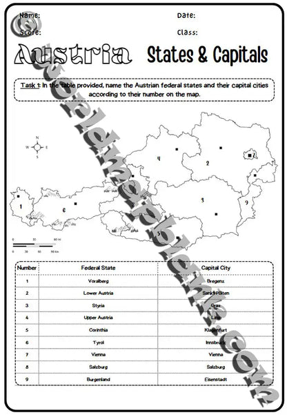 🇦🇹 Austria Map Worksheets: States & Capitals