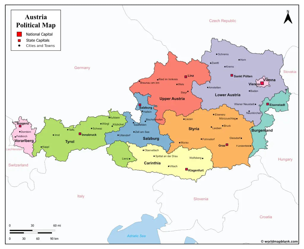 🇦🇹 Printable Map of Austria with States