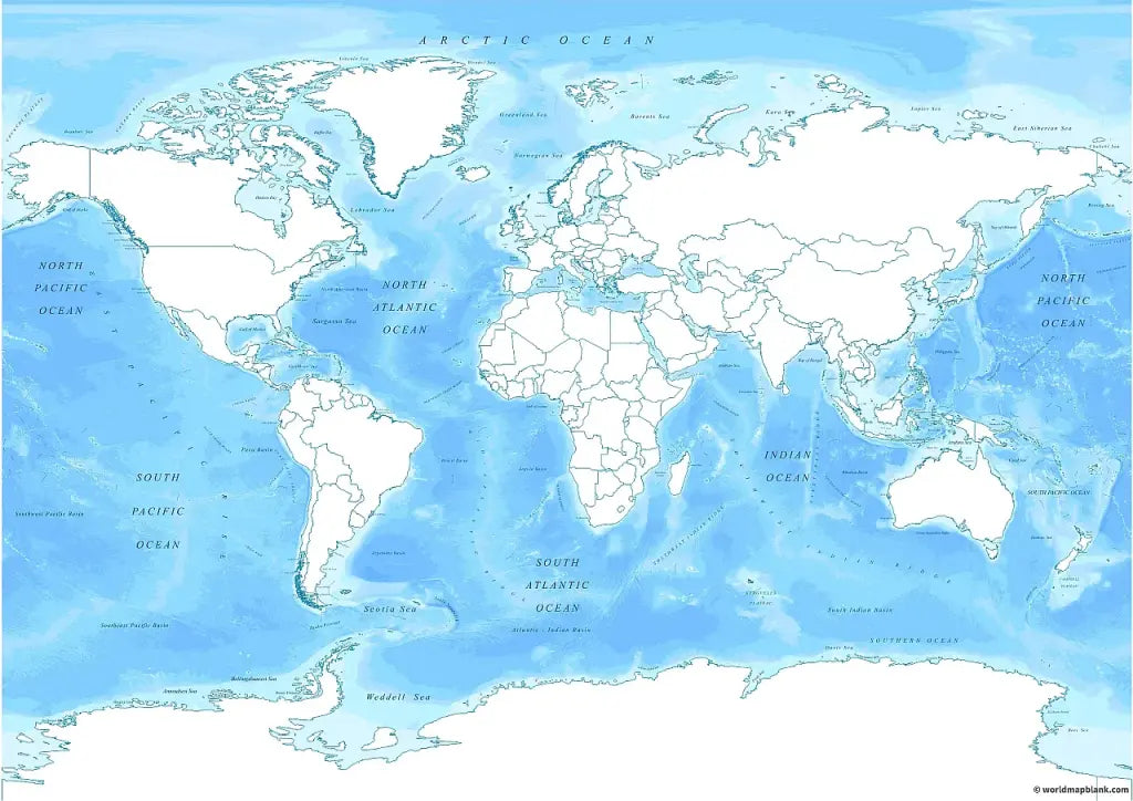 Mapa del mundo con océanos y mares