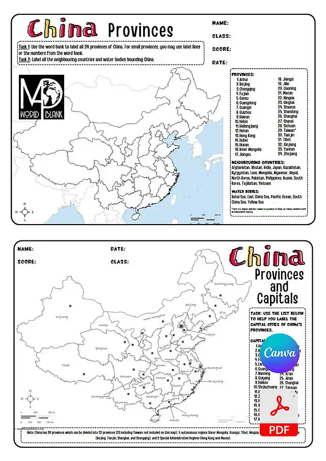 🇨🇳 China Map Worksheets: Regions, Provinces & Capitals