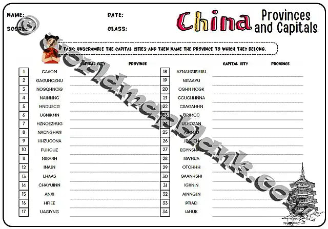 🇨🇳 China Map Worksheets: Regions, Provinces & Capitals