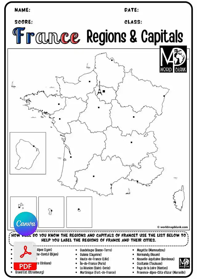 🇫🇷 France Map Worksheets: Regions, Capitals & Cities – WMB Maps