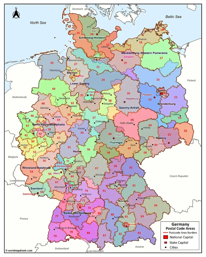 🇩🇪 Printable Germany Postal Codes Map
