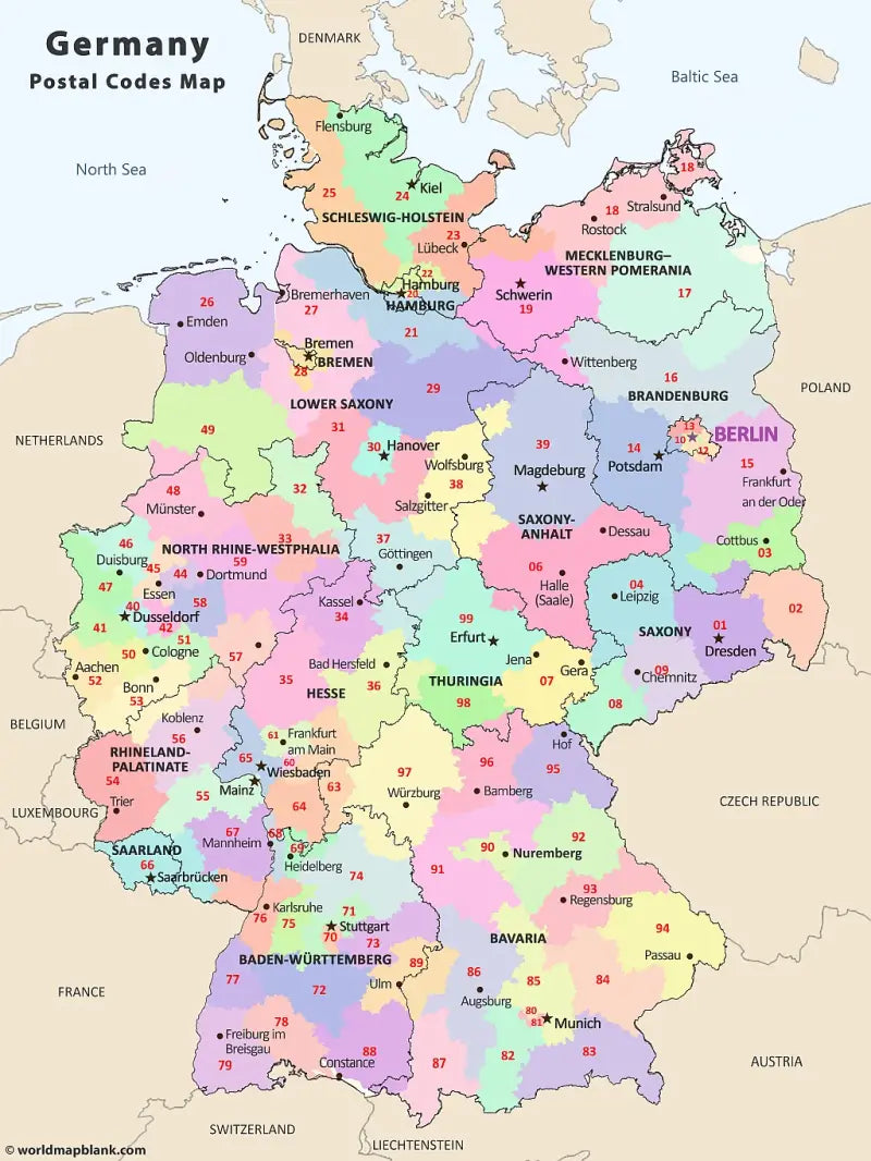 🇩🇪 Printable Germany Postal Codes Map