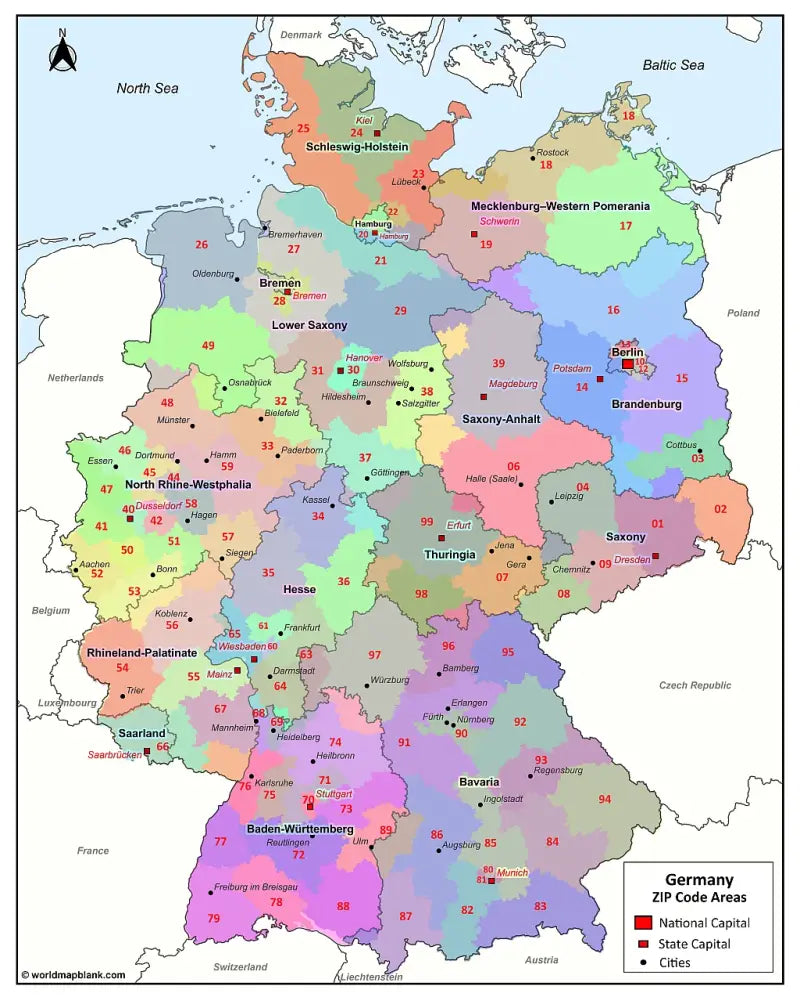 🇩🇪 Printable Germany Postal Codes Map