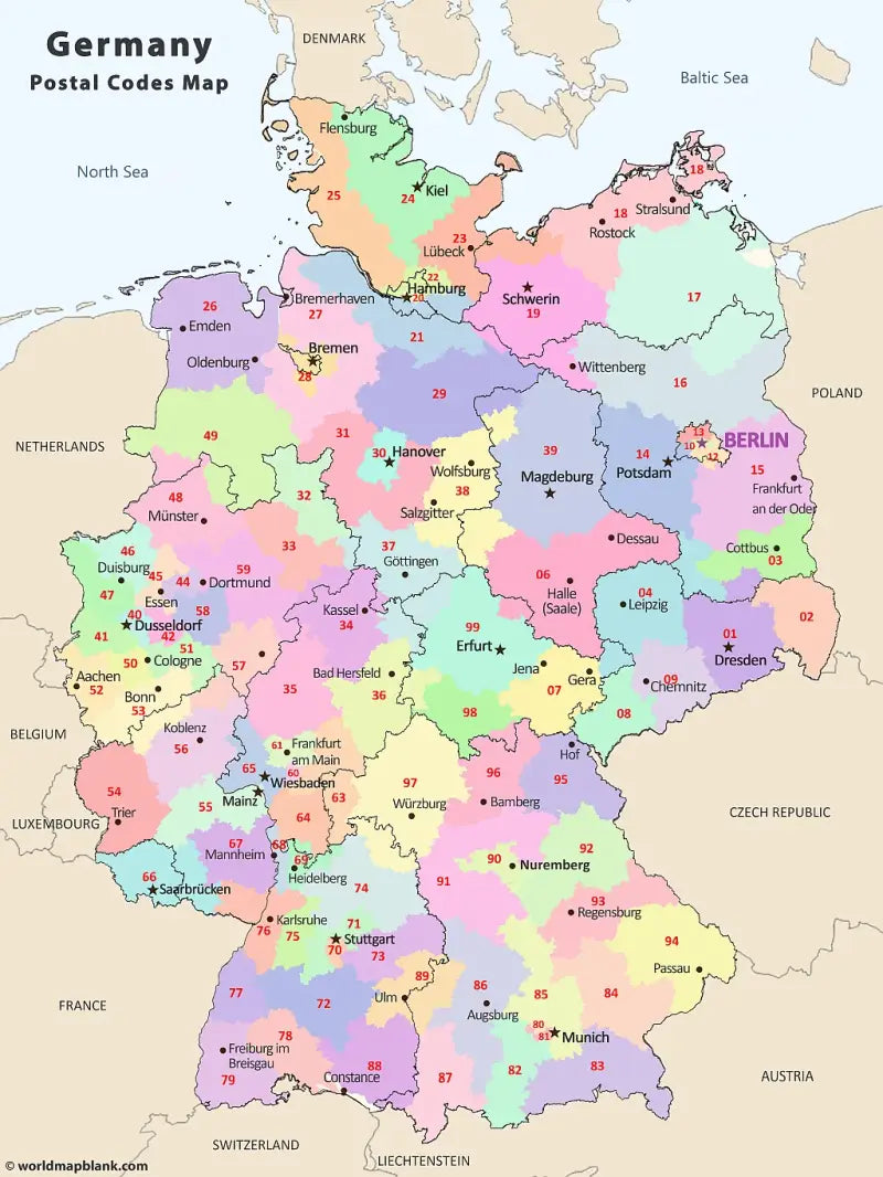 🇩🇪 Printable Germany Postal Codes Map