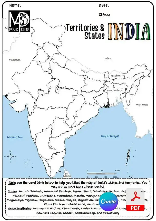 🇮🇳 India Map Worksheets: States, Union Territories & Capitals