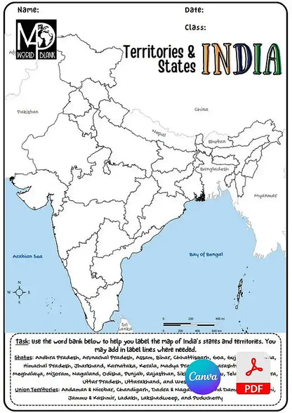🇮🇳 India Map Worksheets: States, Union Territories & Capitals