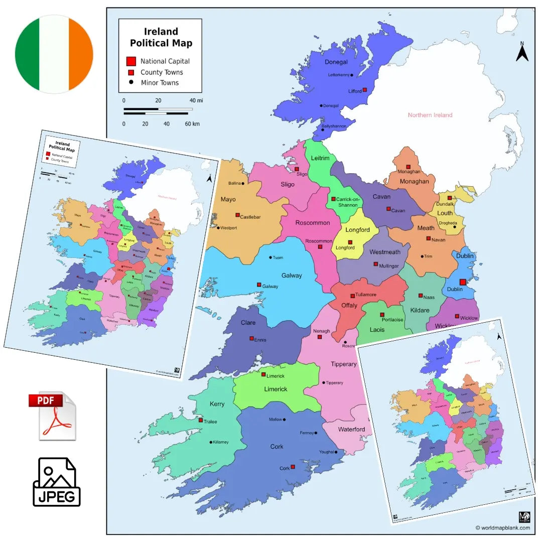 🇮🇪 Printable Map of Ireland with Counties