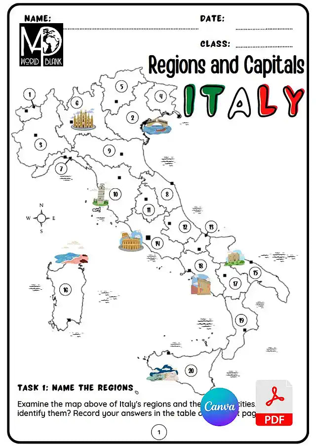 🇮🇹 Italy Map Worksheets: Regions & Capitals