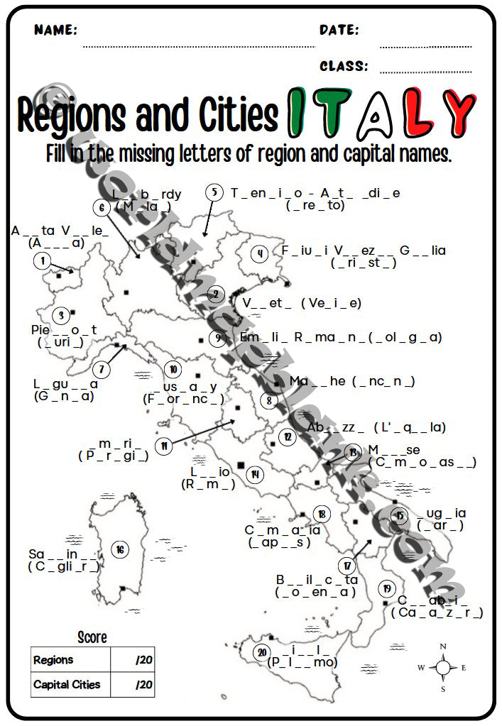 🇮🇹 Italy Map Worksheets: Regions & Capitals