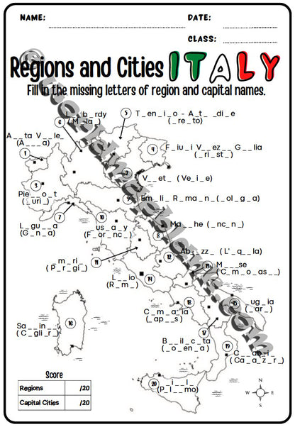 🇮🇹 Italy Map Worksheets: Regions & Capitals
