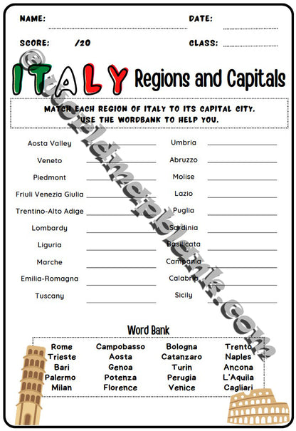 🇮🇹 Italy Map Worksheets: Regions & Capitals