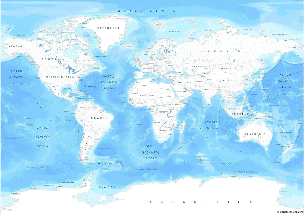 Mapa del mundo con océanos y mares