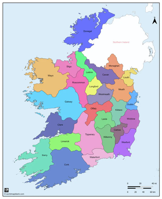 🇮🇪 Printable Map of Ireland with Counties