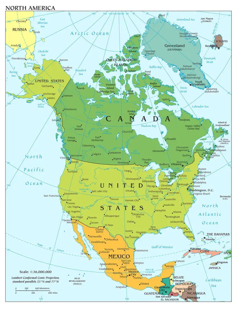 🌎 Labeled Political Map of North America
