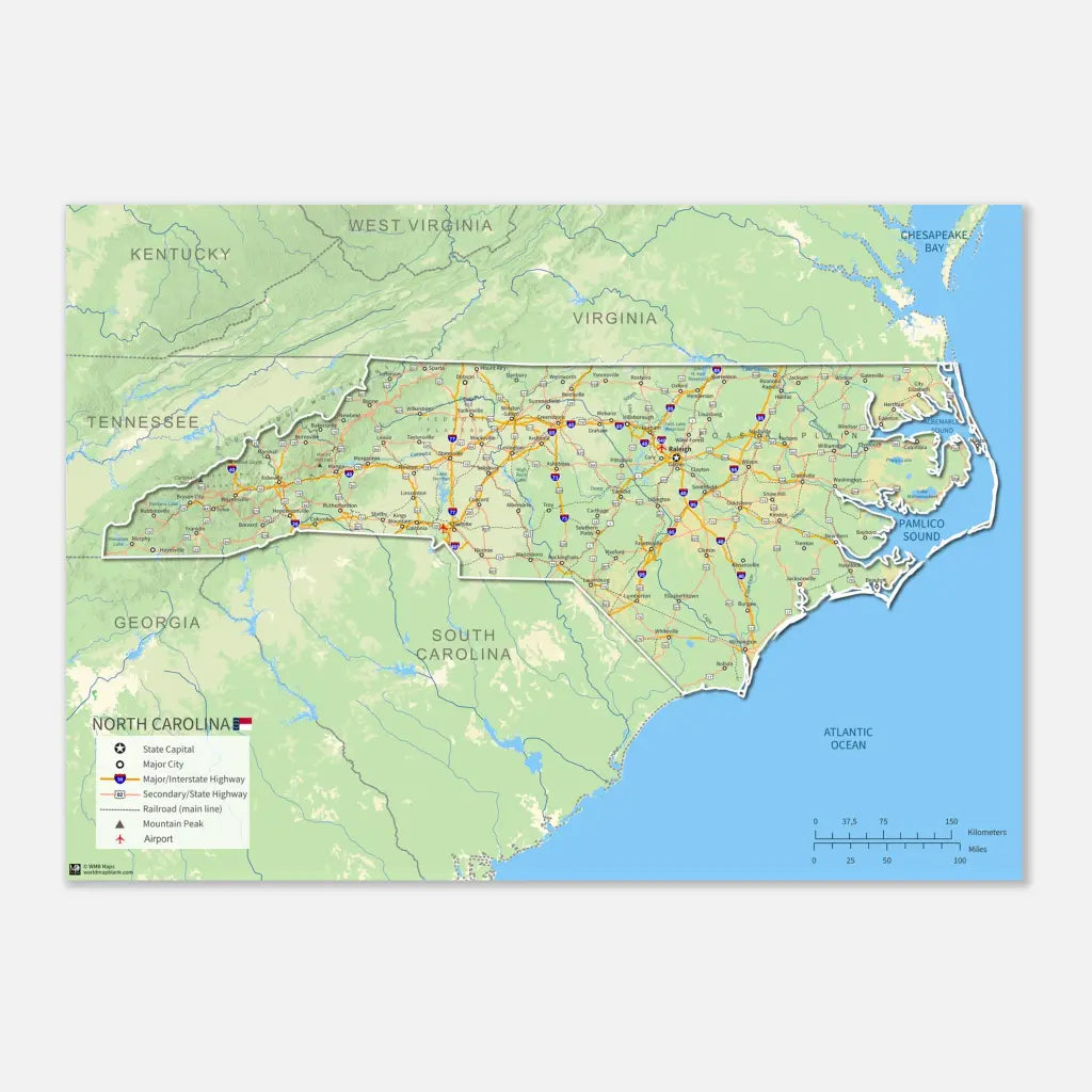 North Carolina Wall Map [Poster or Framed]