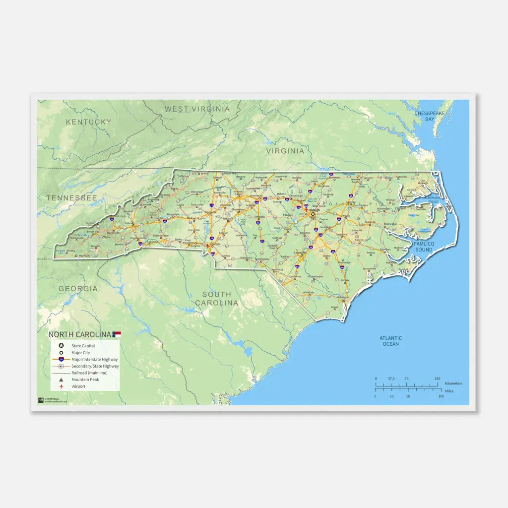 North Carolina Wall Map [Poster or Framed]