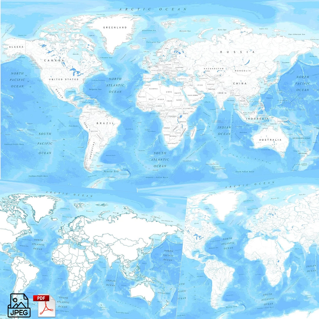 Mapa del mundo con océanos y mares
