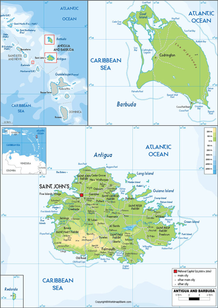 Labeled Map Of Antigua And Barbuda With States Capital And Cities