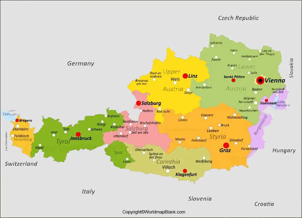 Labeled Austria Map with Capital