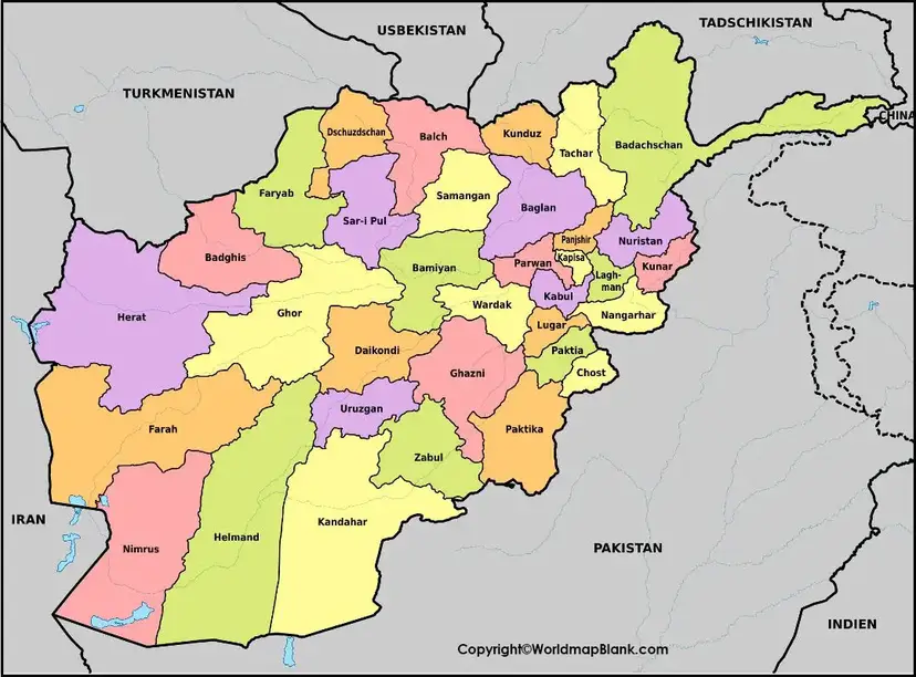 Labeled Map of Afghanistan with States