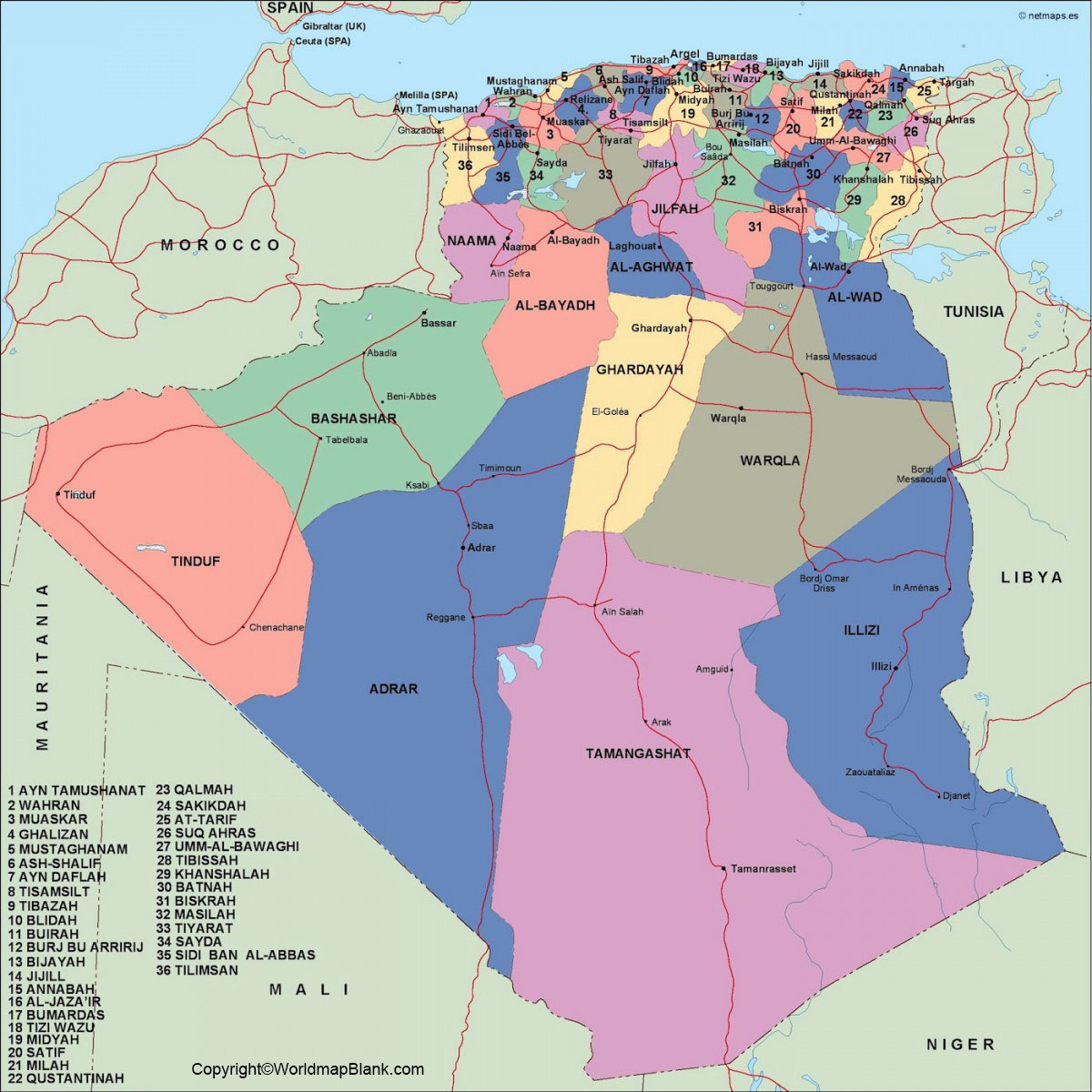 Labeled Map Of Algeria With States Capital Cities