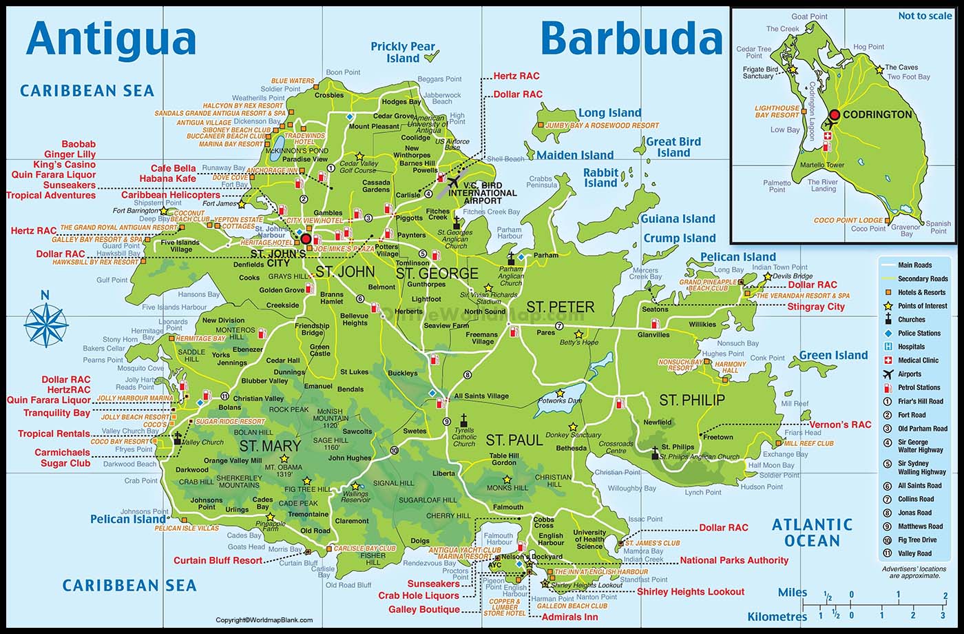 Labeled Map of Antigua and Barbuda with States Capital Cities