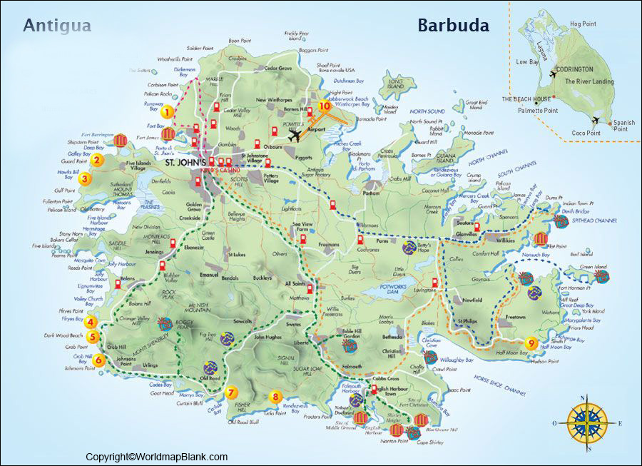 Labeled Map of Antigua and Barbuda with States Capital Cities