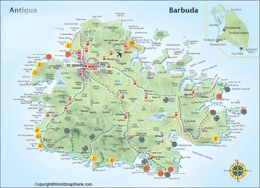 Labeled Map of Antigua and Barbuda with Cities