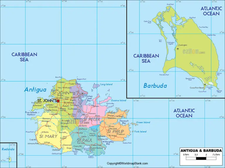 Labeled Map Of Antigua And Barbuda With States Capital And Cities