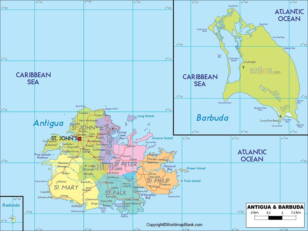 Labeled Map of Antigua and Barbuda with States