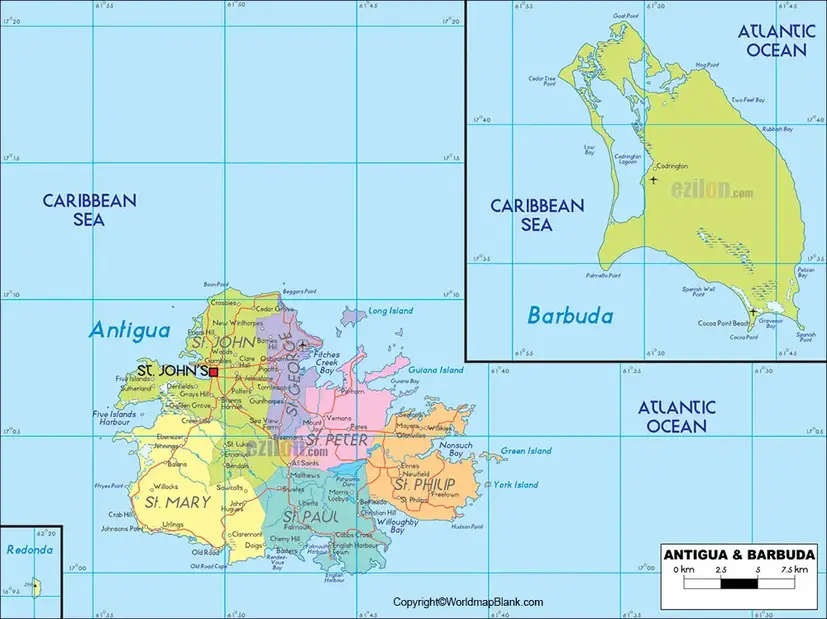 Labeled Map of Antigua and Barbuda with States