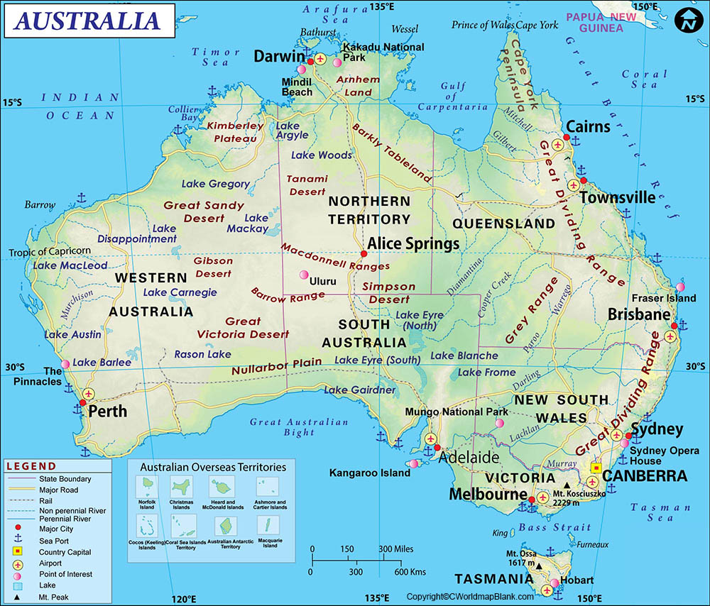 Labeled Map of Australia with States, Capital & Cities