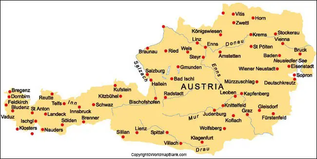 Labeled Map of Austria with Cities