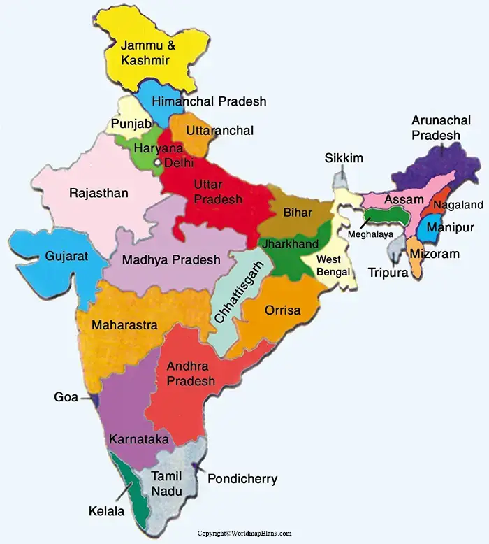 Labeled Map of India with States
