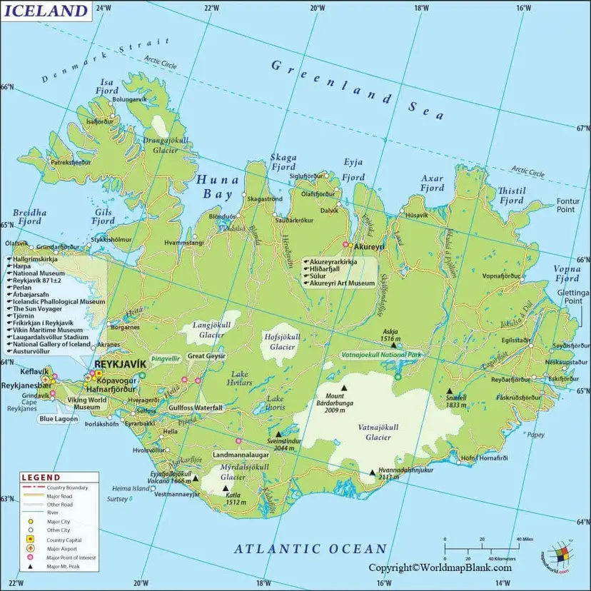 Labeled Map of Iceland with States, Capital & Cities - Printable World Maps
