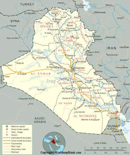 Labeled Map of Iraq with Capital