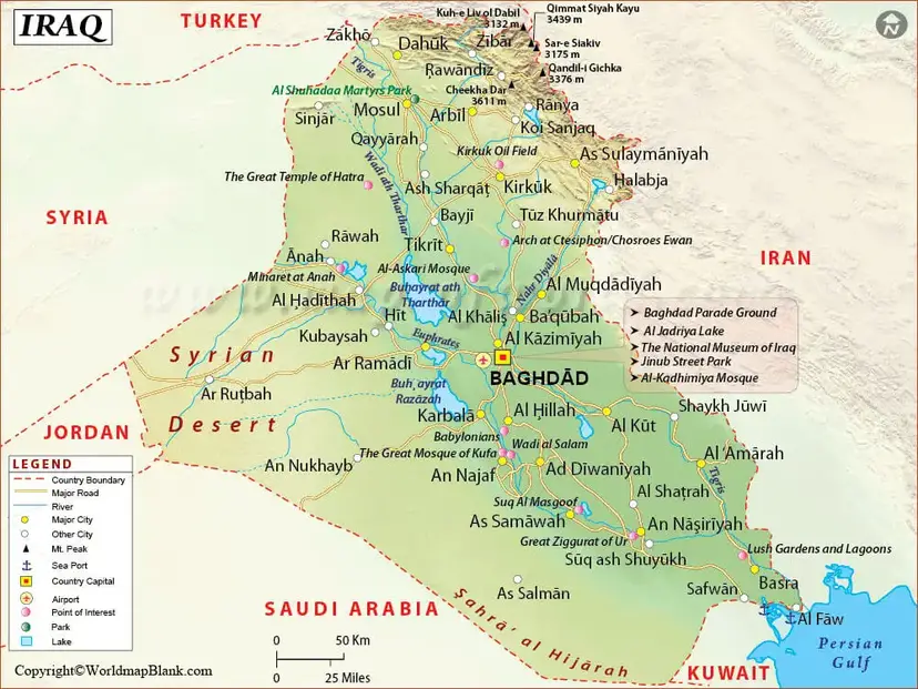 Labeled Map of Iraq with Cities