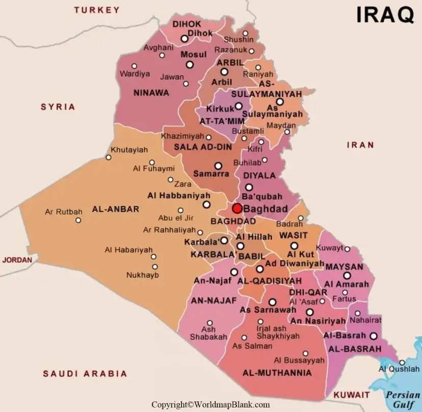Labeled Map of Iraq with States