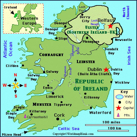 Labeled Map Of Ireland With States Capital Cities